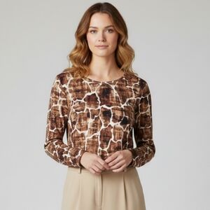 Joe Fresh Top M Brown Animal Giraffe Print Long Sleeve Boho Chic Artsy Casual